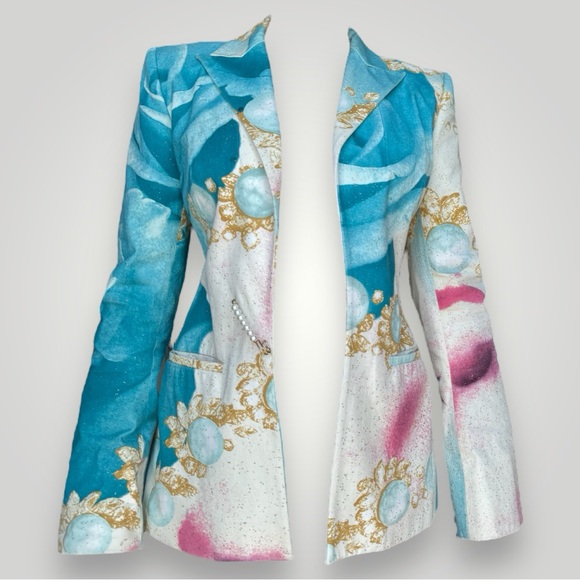 Roberto Cavalli Vintage 2001 Blue & Pink Eyes Printed Blazer Jacket 🩵 - Picture 4 of 15